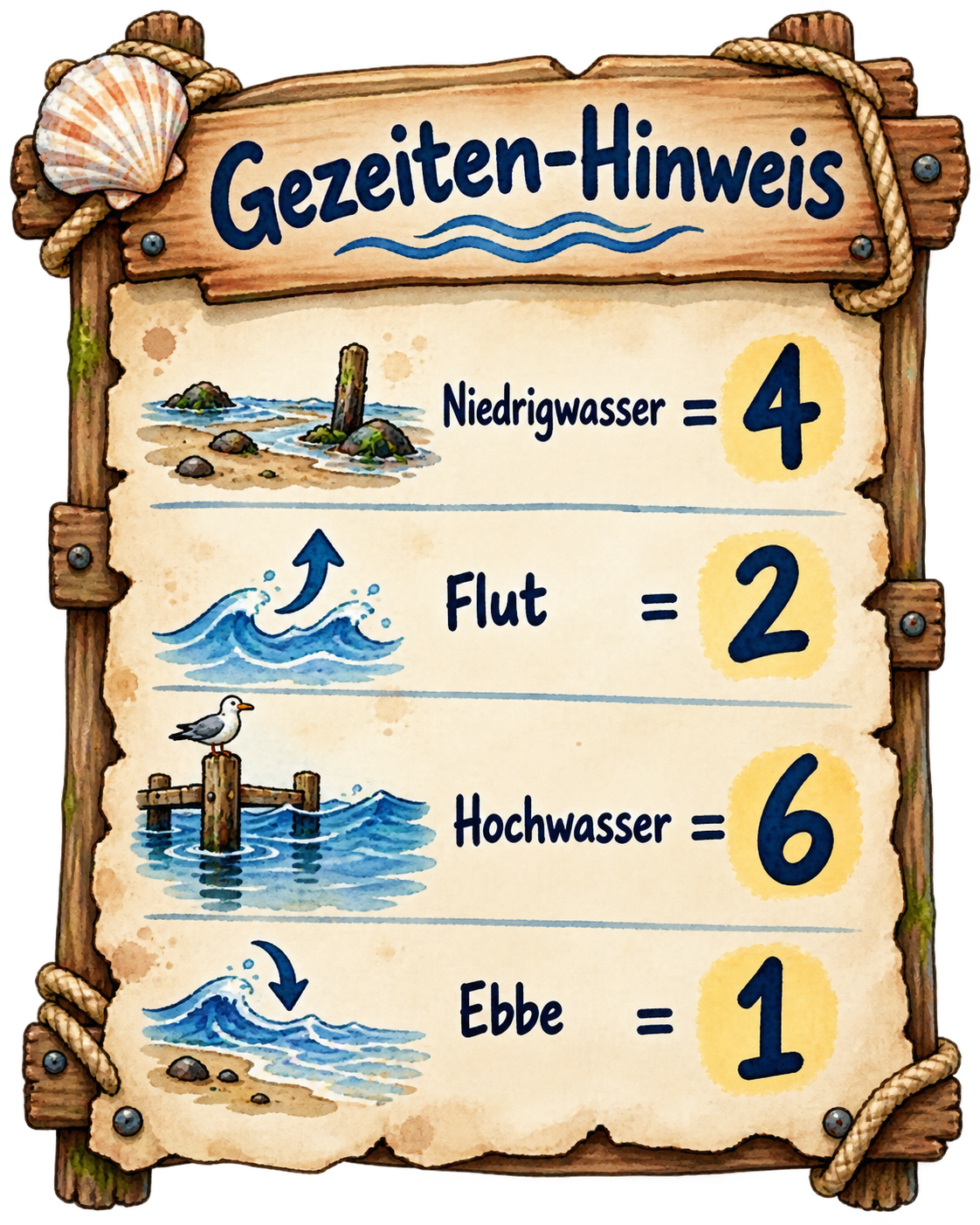 Niedrigwasser = 4, Flut = 2, Hochwasser = 6, Ebbe = 1